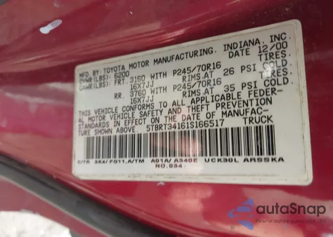 2001 Toyota Tundra Access Cab/Access Cab Sr5 from USA, damaged, VIN 5TBRT34161S166517